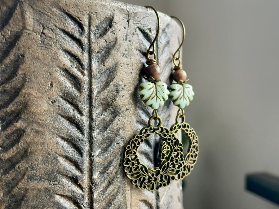 Mint Green Maple Leaf Earrings. Czech Glass Earrings. Bohemian Charm Earrings