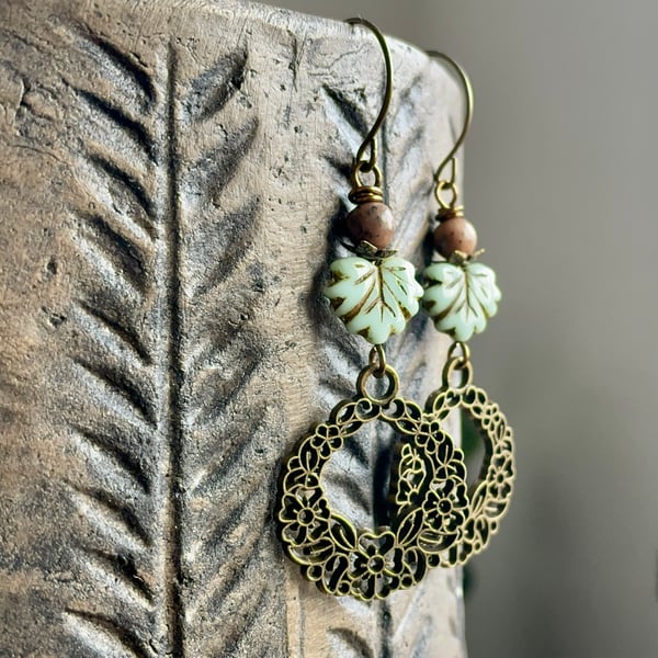 Mint Green Maple Leaf Earrings. Czech Glass Earrings. Bohemian Charm Earrings