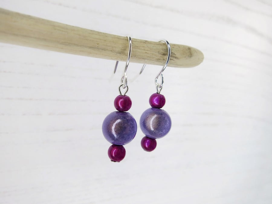 Drop Earrings with 8mm Miracle Beads - Lilac and Hot Pink