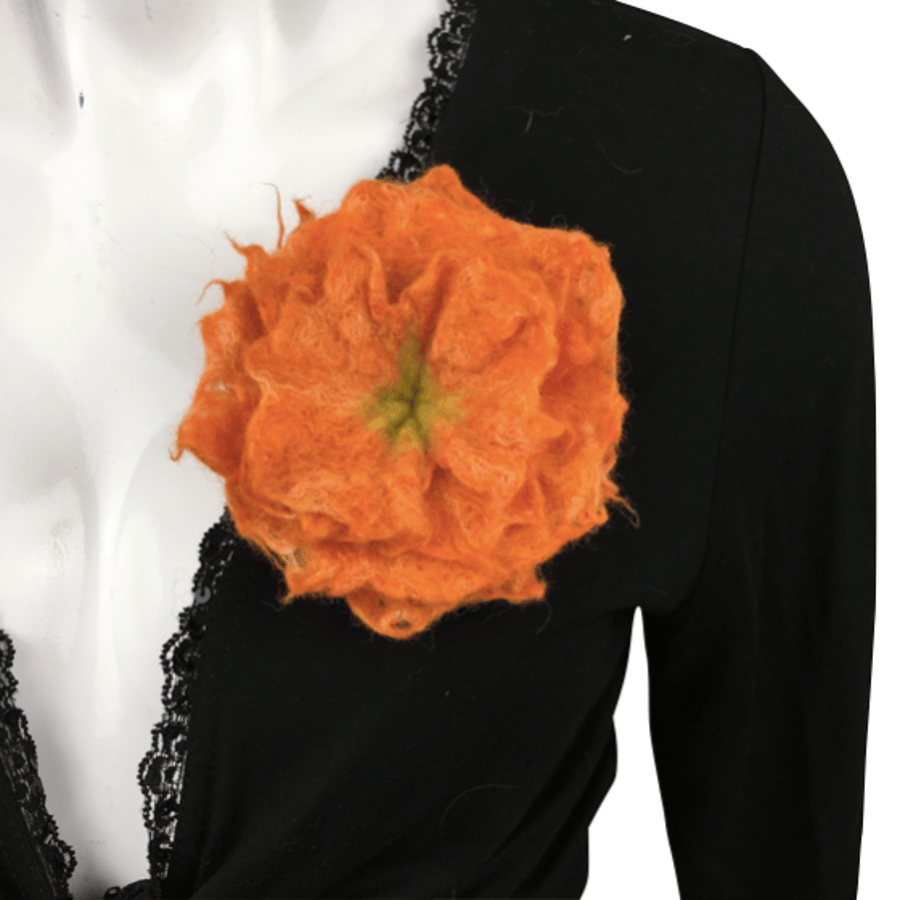 Felted flower brooch, corsage, orange