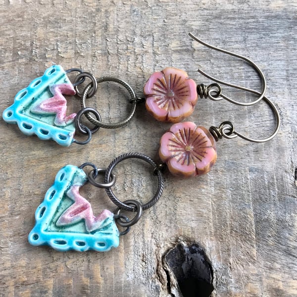 Artisan Ceramic Earrings. Turquoise & Pink Ceramic Earrings. Bohemian Earrings