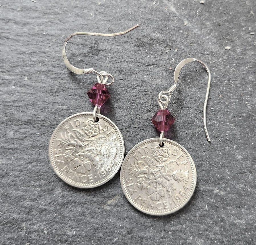 Sixpence coin earrings with pink bicone crystals