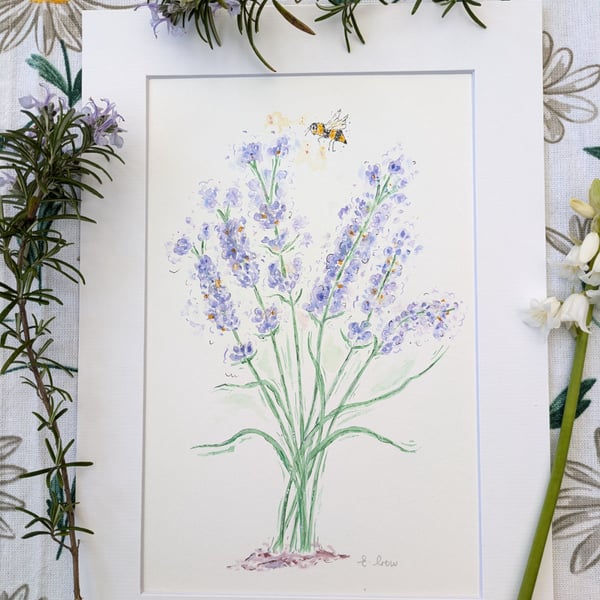 Lavender hand-painted original watercolour painting A4 mounted 
