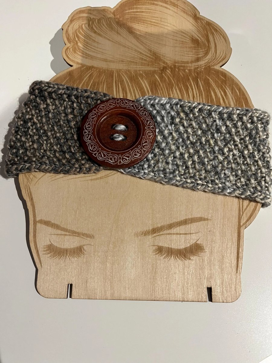 Head warmer Ear warmer Grey and Sand wool mix Celtic Large Button 52 cms around 