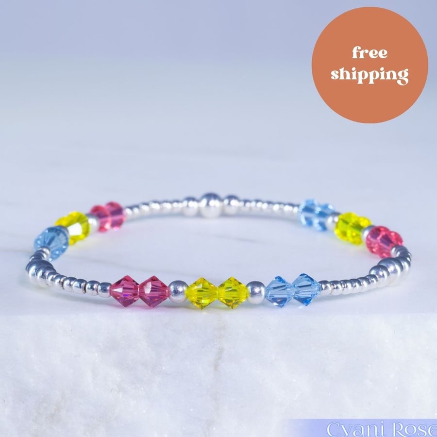 Bracelet pansexual pride sterling silver and Swarovski 