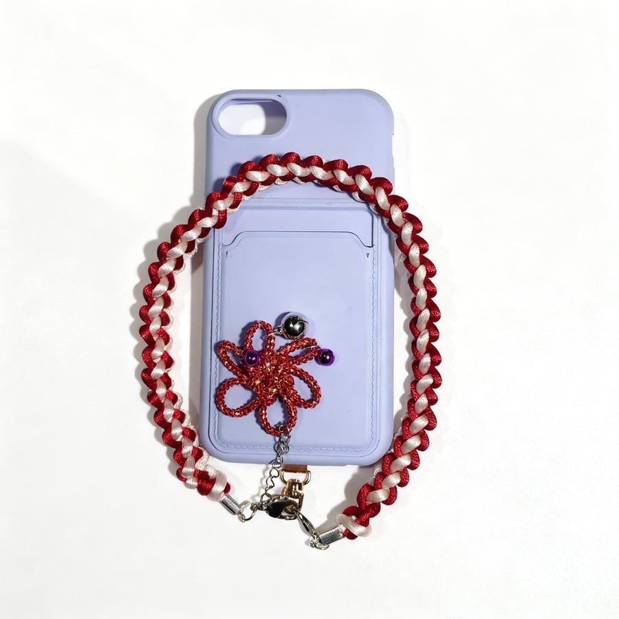 Red & White Macramé Phone Strap with Brocade Knot Charm