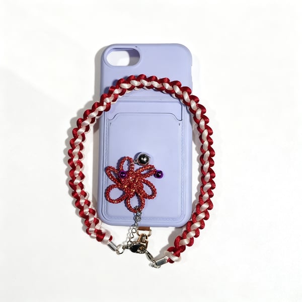 Red & White Macramé Phone Strap with Brocade Knot Charm
