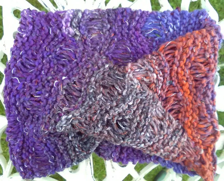 Noro MOBIUS NECK WARMER cotton, wool & silk in Purple, Orange, Grey
