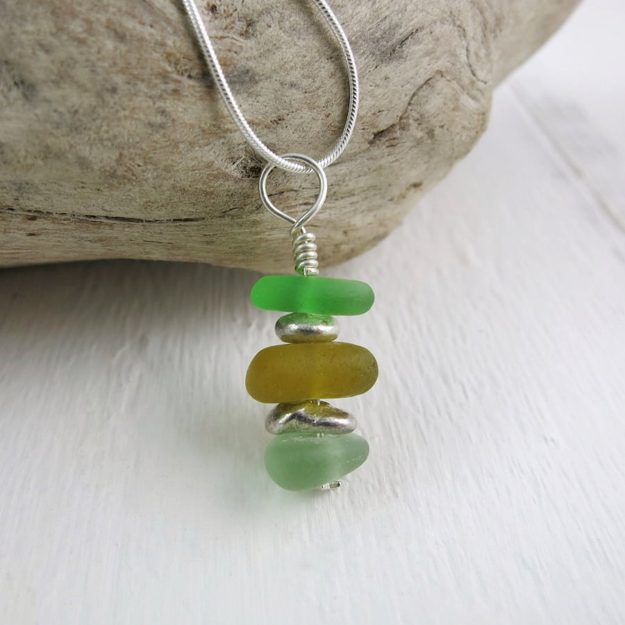 Triple Stacked Cornish Sea Glass Pendant on a Sterling Silver Snake Chain