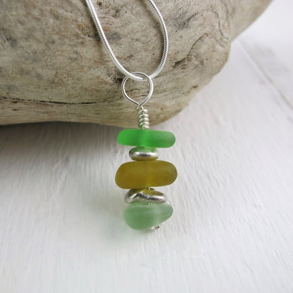 Triple Stacked Cornish Sea Glass Pendant on a Sterling Silver Snake Chain