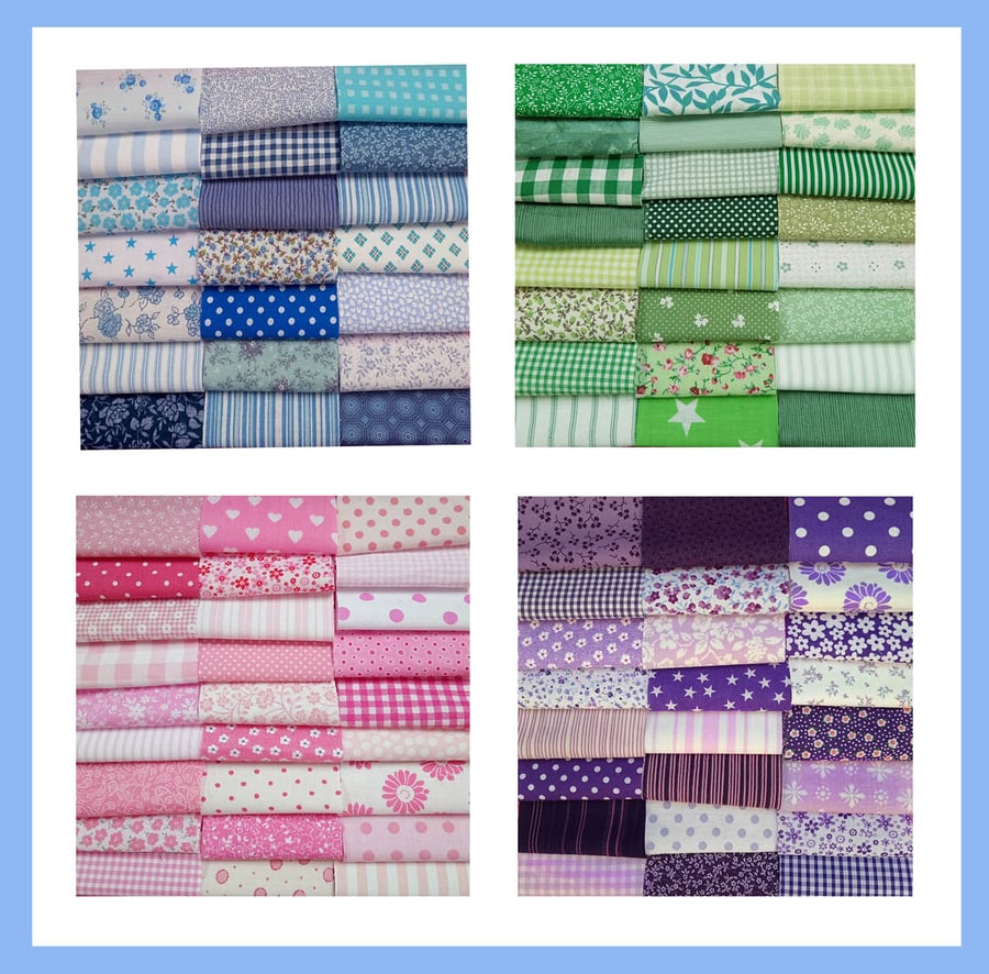 50 Patchwork Squares. 10 cm ( 4ins) Pink, Blue, Purple or Green 