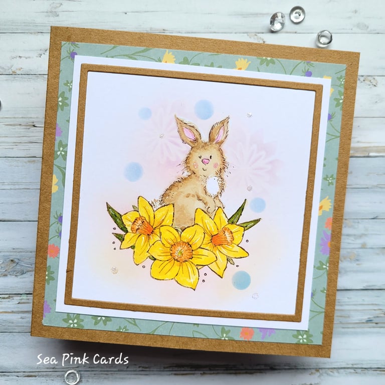 Blank Card - Daffodils and Bunny, Easter, baby, floral, all occasions