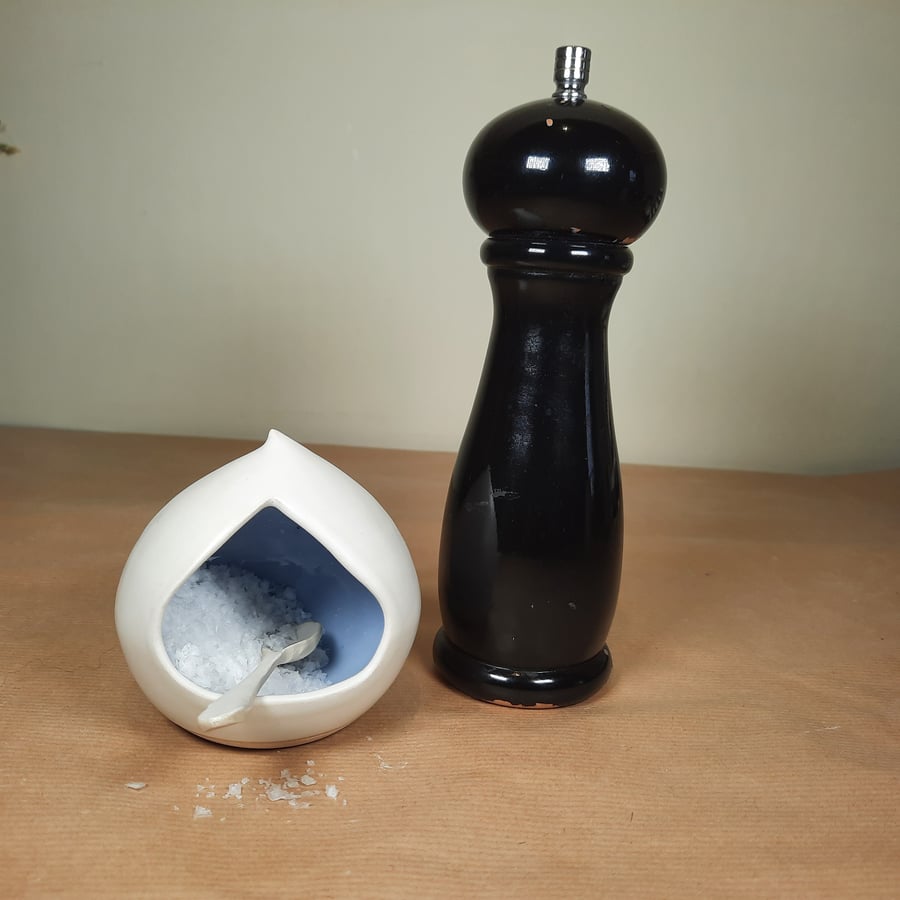Pale blue and white ceramic salt pig  - Hand made small salt pig for the table