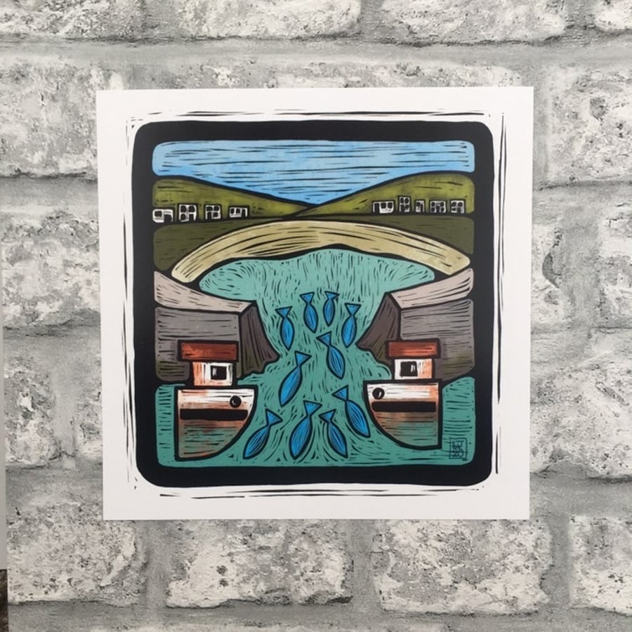 Art print illustration Cornish wall art fishing boat village harbour seascape 