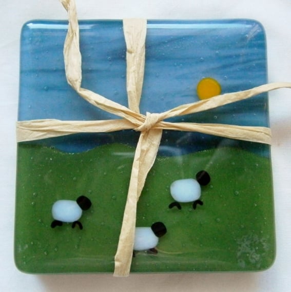 Fused glass Sheepy Coasters