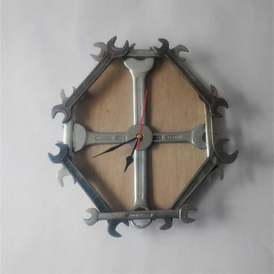 Industrial Spanner Wall Clock on wood backing - Industrial chic clocks