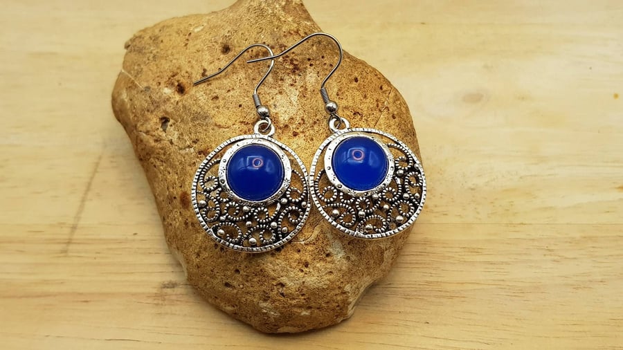 Boho round filigree Blue Onyx earrings. December Birthstone. Boho chic hippie 