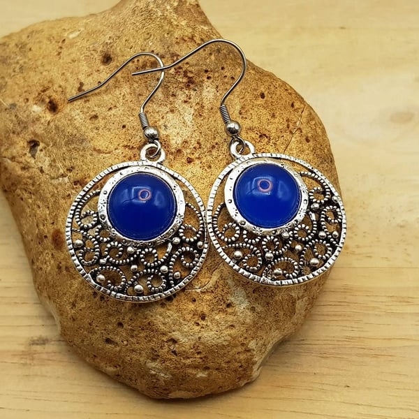 Boho round filigree Blue Onyx earrings. December Birthstone. Boho chic hippie 