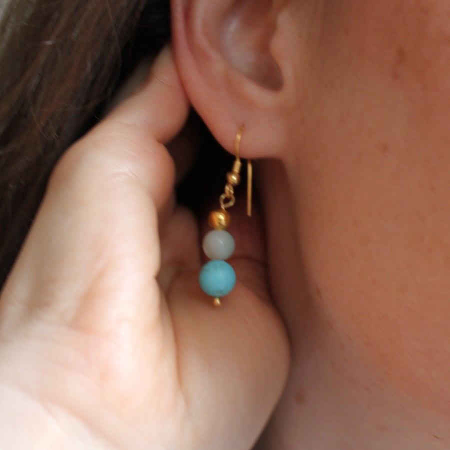 Ocean like earrings with natural gemstones and gold plated accents