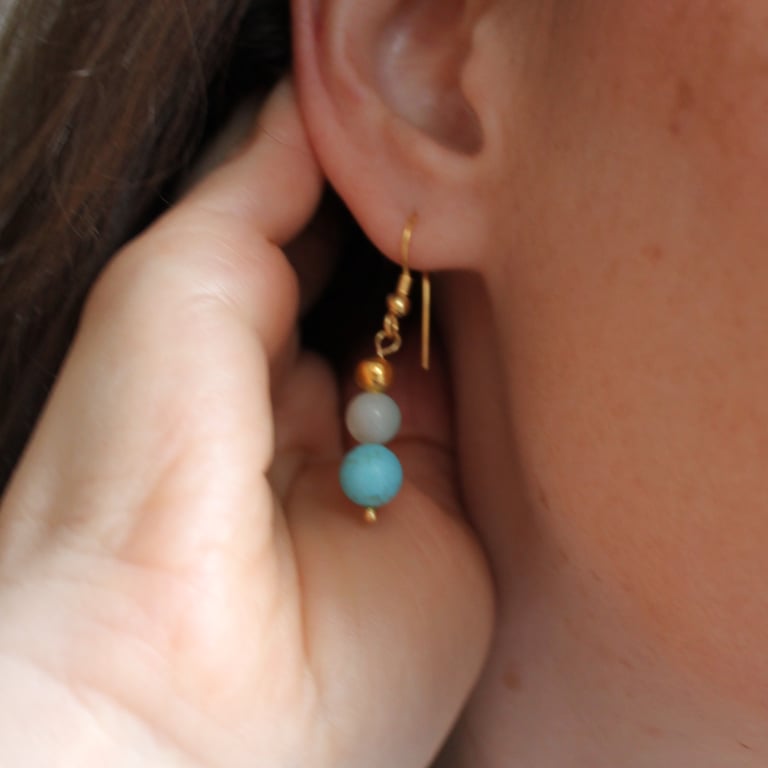 Ocean like earrings with natural gemstones and gold plated accents