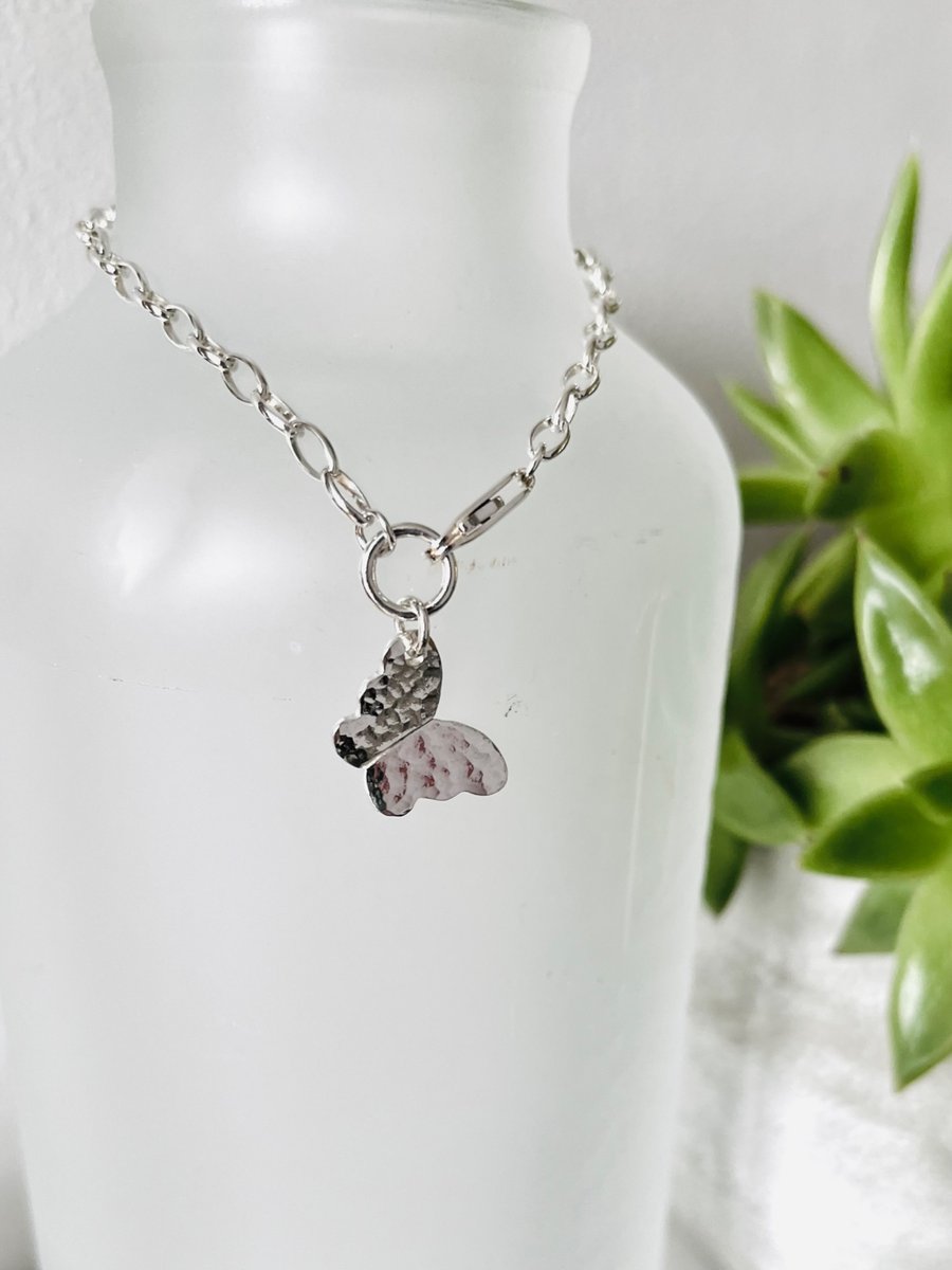 Hammered Butterfly Charm Sterling Silver Bracelet 