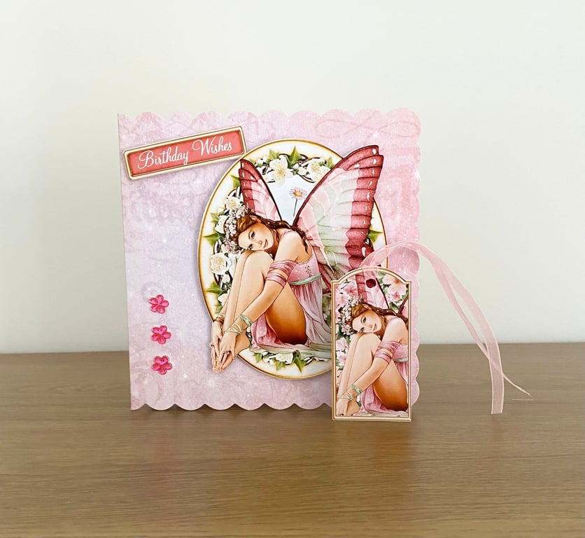 Handmade Pink Fairy Birthday Card plus Matching Gift Tag