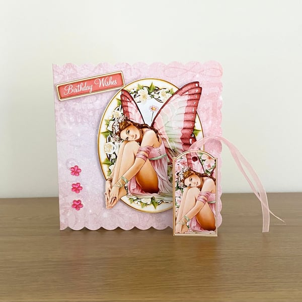 Handmade Pink Fairy Birthday Card plus Matching Gift Tag