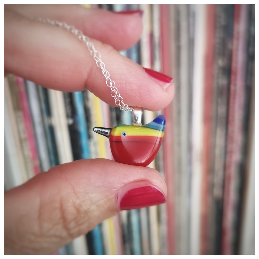 very small Rainbow Wren of Hope glass pendant on sterling silver chain
