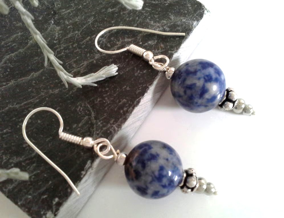 Blue Sodalite Gemstone Rounds & Tibetan Silver Bead Earrings