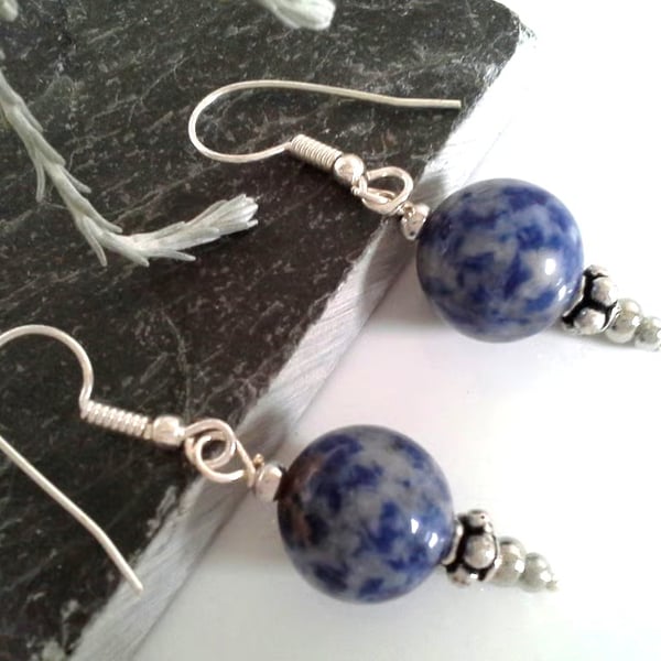 Blue Sodalite Gemstone Rounds & Tibetan Silver Bead Earrings
