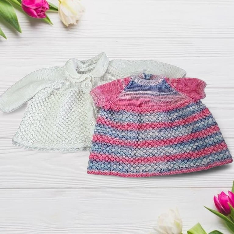 Baby Girl Hand Knitted Dress and Cardigan Set, Pink and Blue