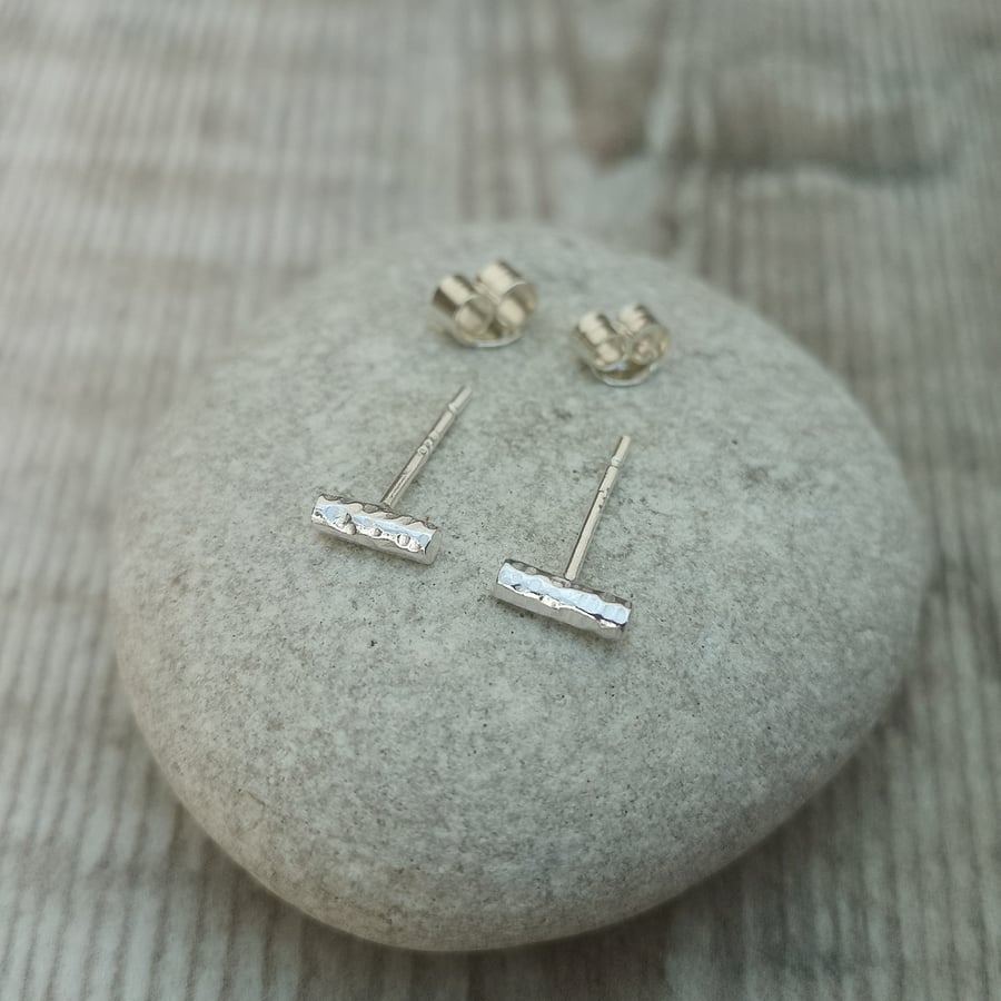 Sterling Silver Small Bar Twig Hammered Stud Earrings - STUD114