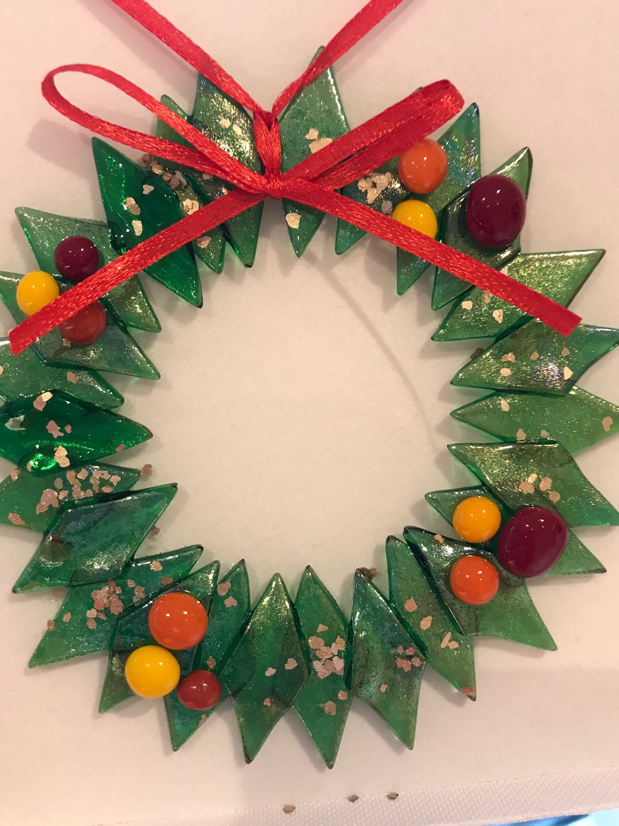 Fused glass wreath with  red berries 