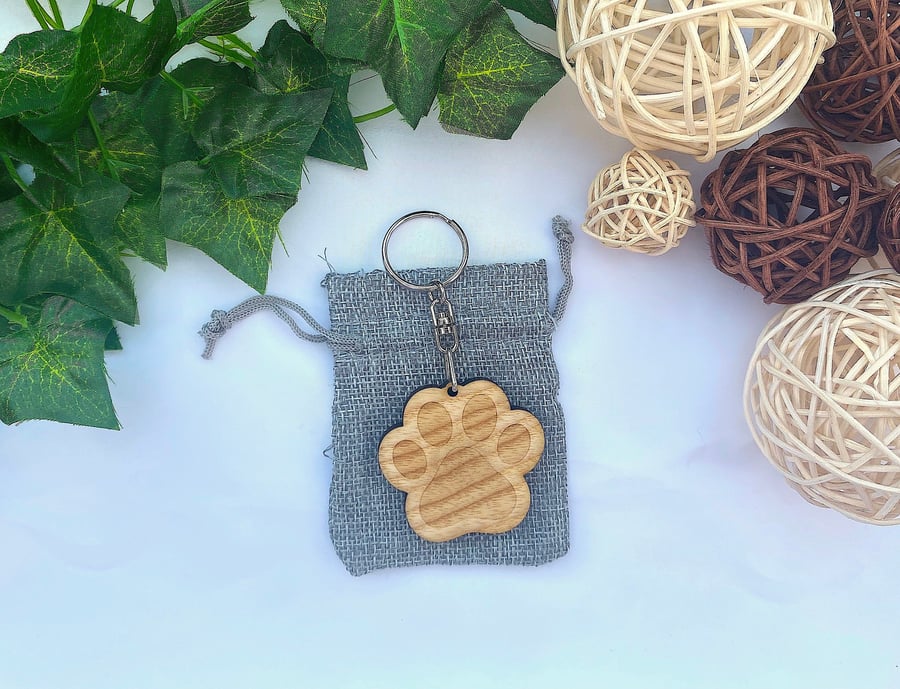 Dog Paw Keyring, Wood Keychain with Gift Bag