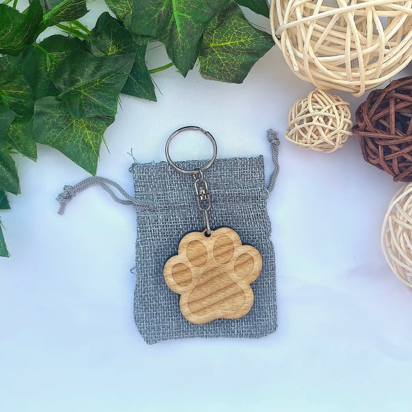 Paw Print Wood Keyring with Gift Bag