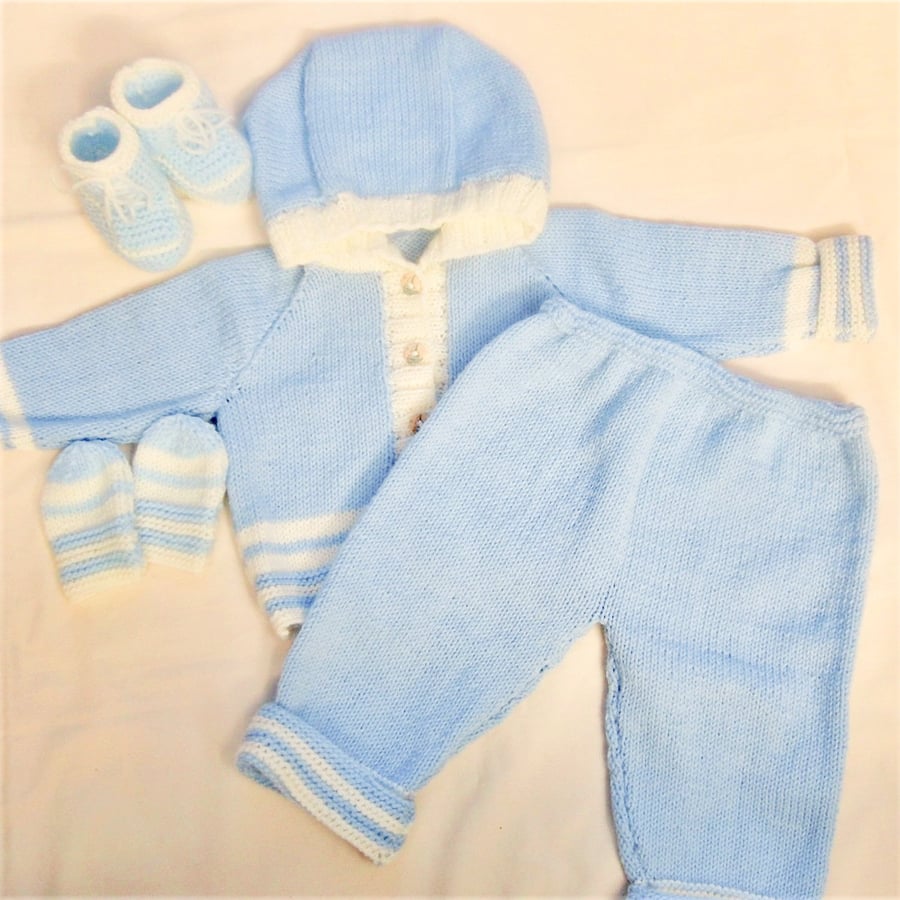 Hooded Pram Set for a Baby Boy or Girl, Baby's Knitted Layette, New Baby Gift