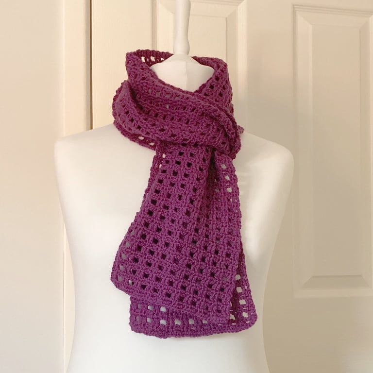Crocheted Purple Mesh Scarf - Merino Wool 