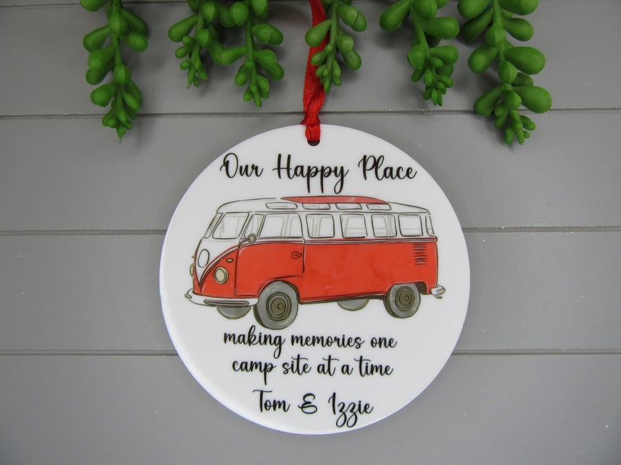 Personalised Red Camper Van Keepsake, Our happy place. Making memories. 