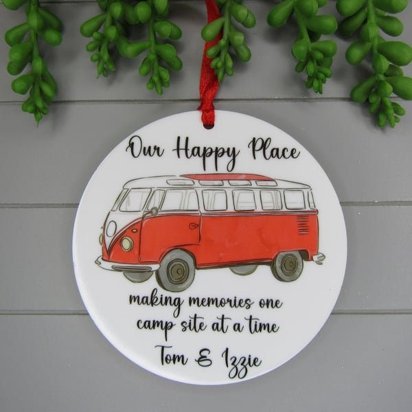 Personalised Red Camper Van Keepsake, Our happy place. Making memories. 