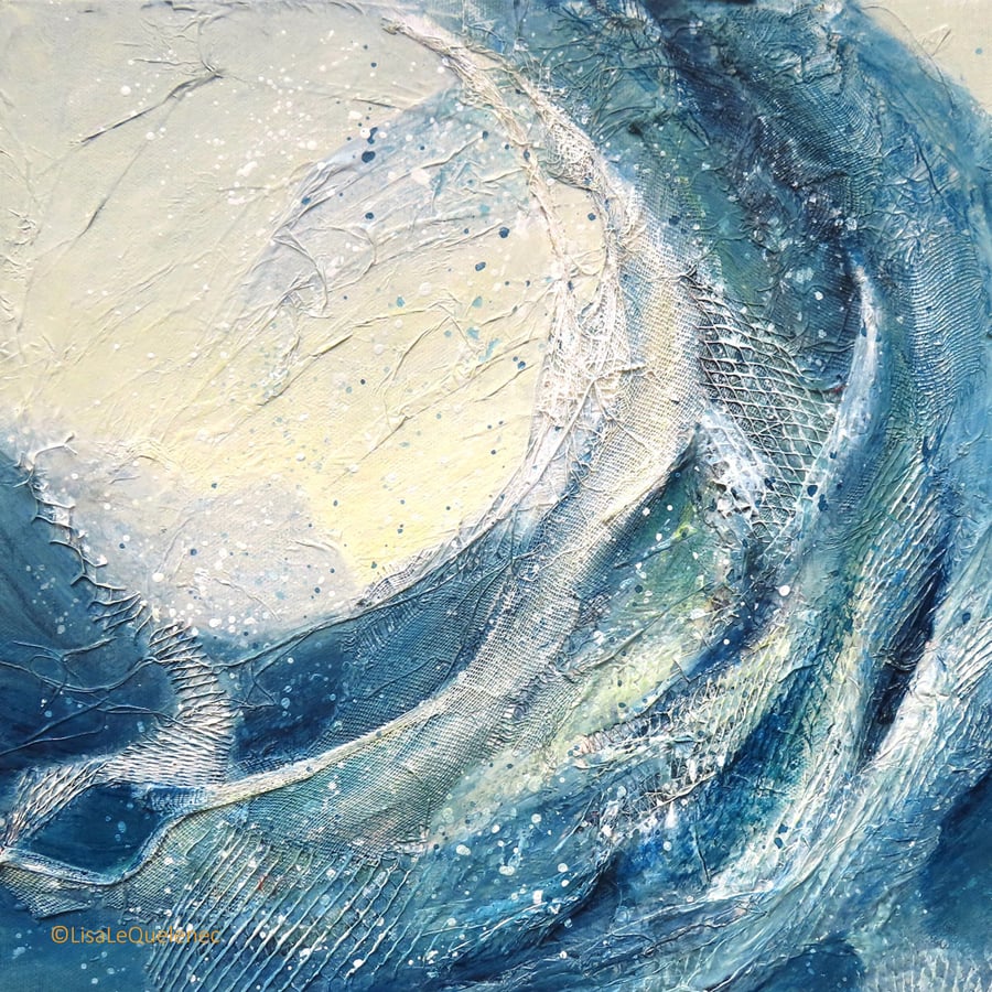 Original mixed media abstract ocean painting breaking wave textured marine art
