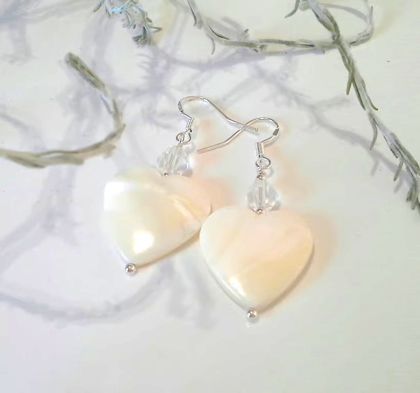 Large 22mm Heart Cut Mother of Pearl & Clear Quartz Sterling Silver Earrings