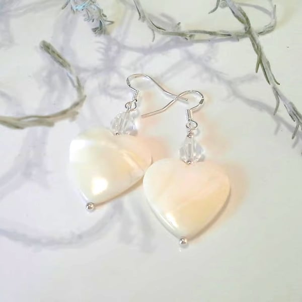 Large 22mm Heart Cut Mother of Pearl & Clear Quartz Sterling Silver Earrings