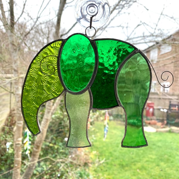 Stained Glass Large Elephant Suncatcher - Handmade Hanging Decoration - Green