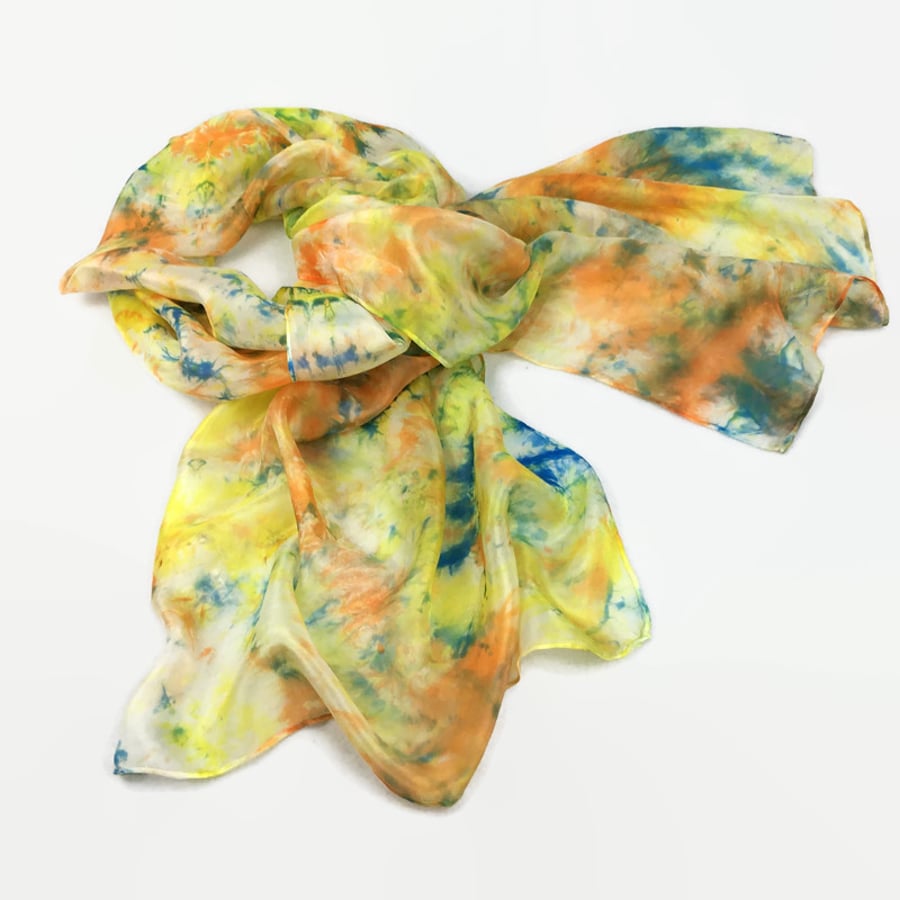 Hand dyed silk scarf in green, yellow and orange