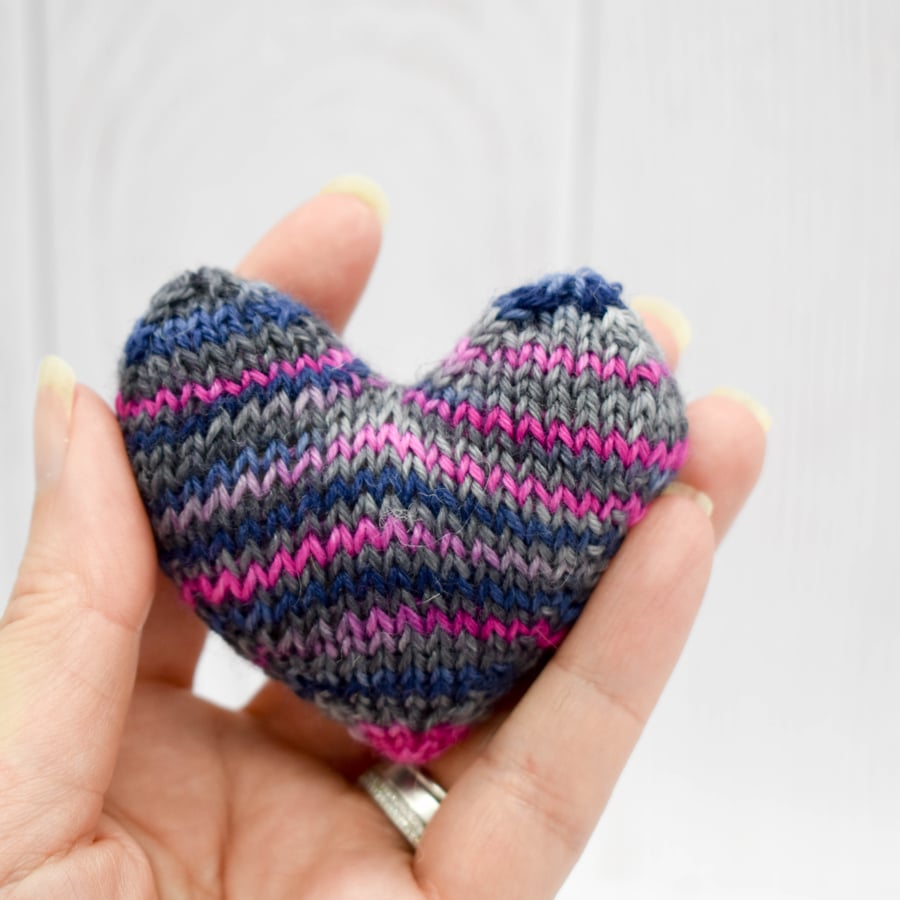 Hand knitted heart - pocket hug - Grey Blue Pink