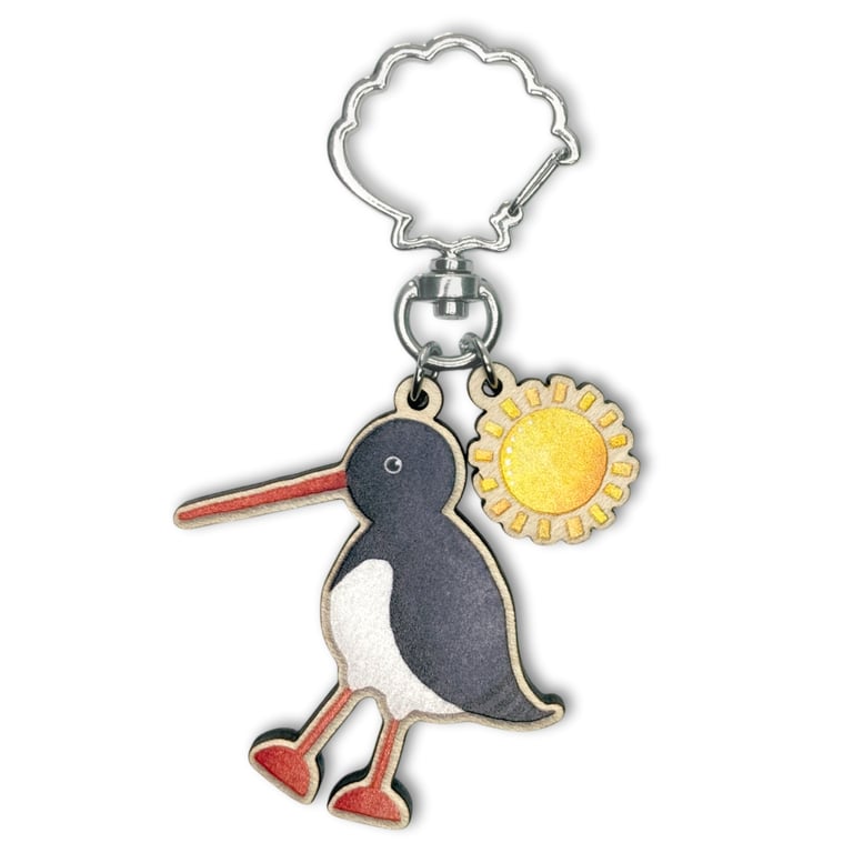 Oystercatcher Keyring - Wooden Key Fob with Sun - Maple Wood Seaside Key Chain