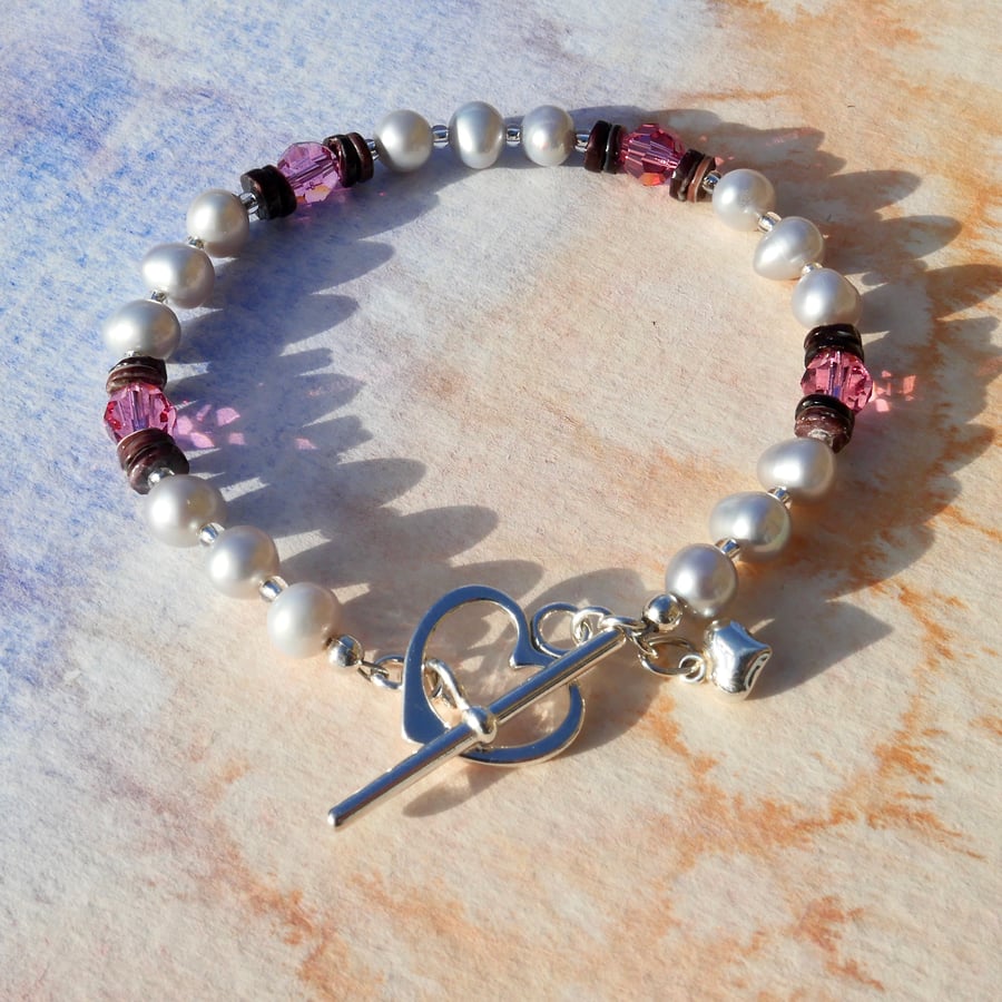 Grey Pearls & Pink Crystal Bracelet with Sterling Silver Heart Toggle Clasp