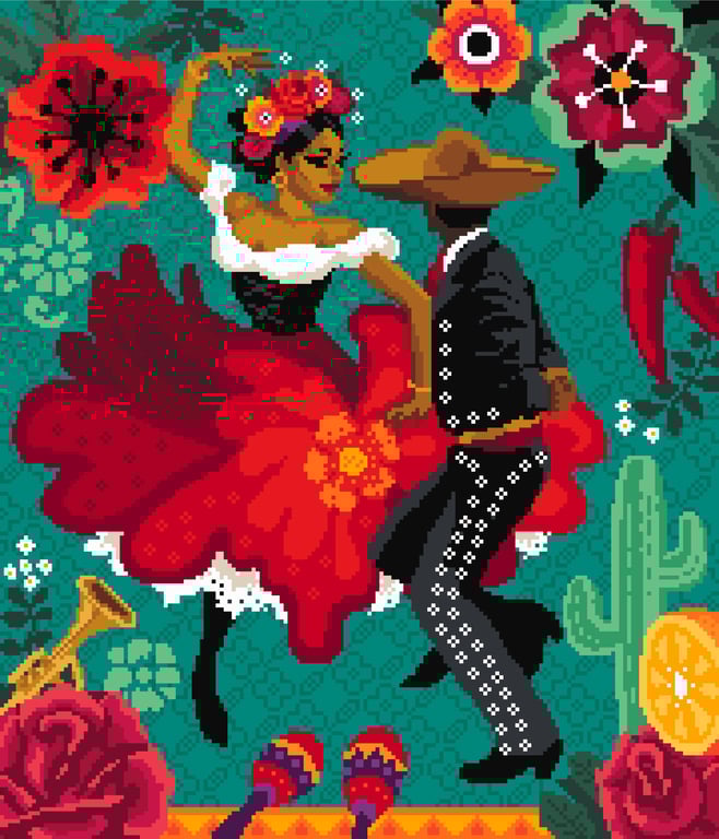 292 Cross stitch pattern colourful Mexican traditional dancing couple