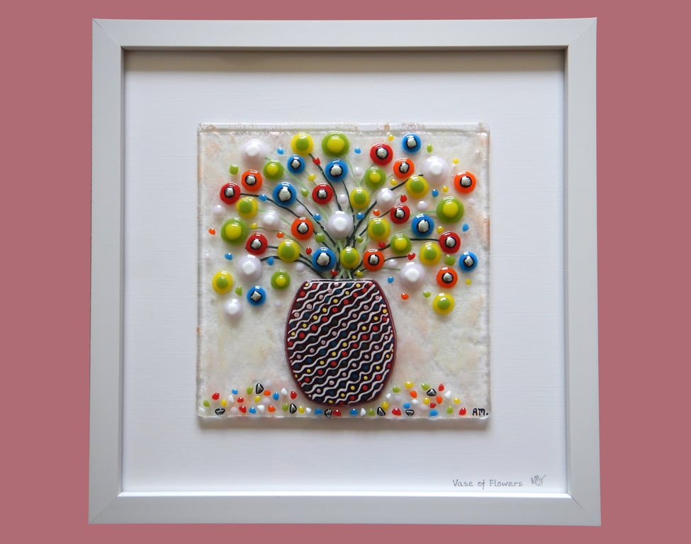 Handmade Fused Glass 'Vase of Flowers' Picture.