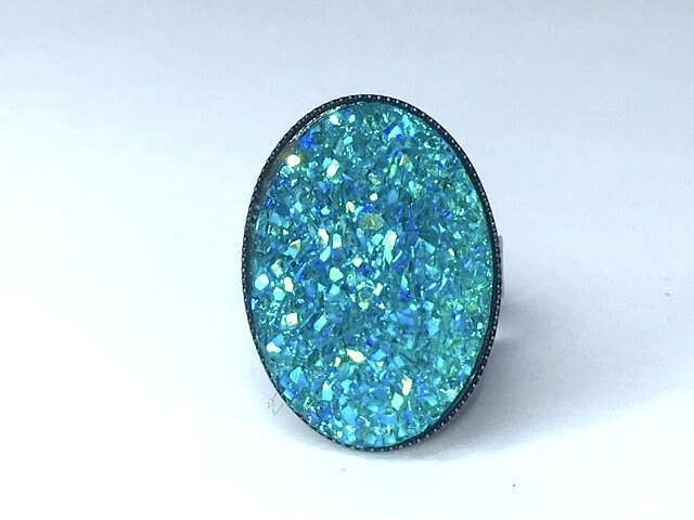 AQUAMARINE GLITTER RING chrome base faux druzy 18 x 25 mm adjustable